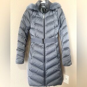 Ted Baker duck down puffer coat with elasticized belt and faux fur hood size 1
